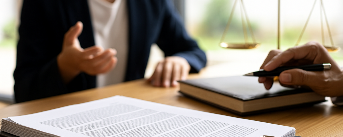 Reunión legal entre abogado y trabajador con documentos sobre despido disciplinario y balanza de la justicia, en Santander, Cantabria.