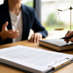 Reunión legal entre abogado y trabajador con documentos sobre despido disciplinario y balanza de la justicia, en Santander, Cantabria.